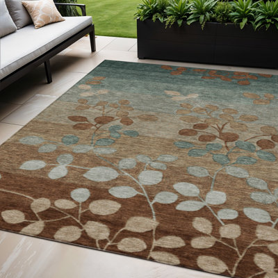 5' X 8' Brown And Teal Blue Floral Washable Indoor Outdoor Area Rug