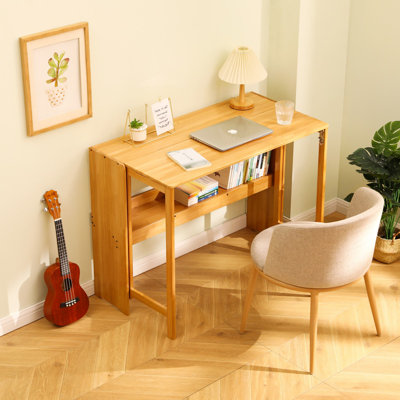 Bamboo Folding Desk, Space-Saving Computer Desk for Small Spaces, Foldable Study Table with Open Shelf for Bedroom, Home Office, Dorm, Natural Solid Bamboo Construction