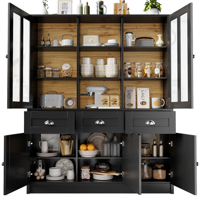 White Tall Cabinet with Drawers, Modern Minimalist Kitchen Cabinet for Living Room, Freestanding Storage, Black