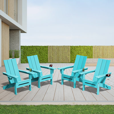 Wolak High Density Polyethylene Folding Adirondack Chair With Double Cup Holder(Set Of 4)