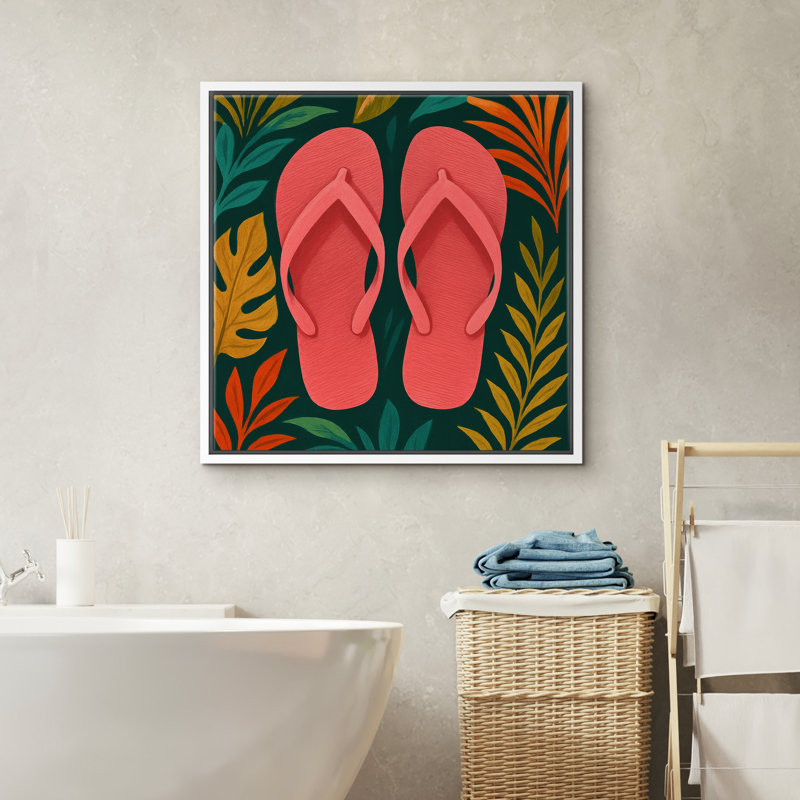 «Tropical Leaves with Flip Flops», reproduction d'art sur toile encadrée, H 16 po x l 16 po, Blanc