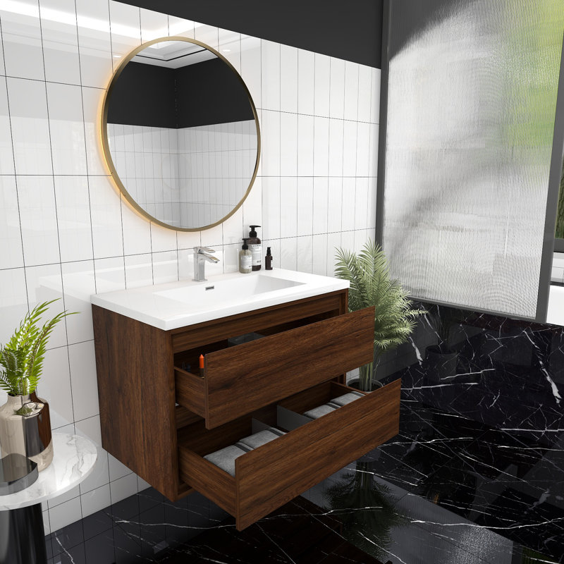 Meuble-lavabo mural 36 po Jack en chêne fumé avec évier en acrylique renforcé Jack, Bois de rose