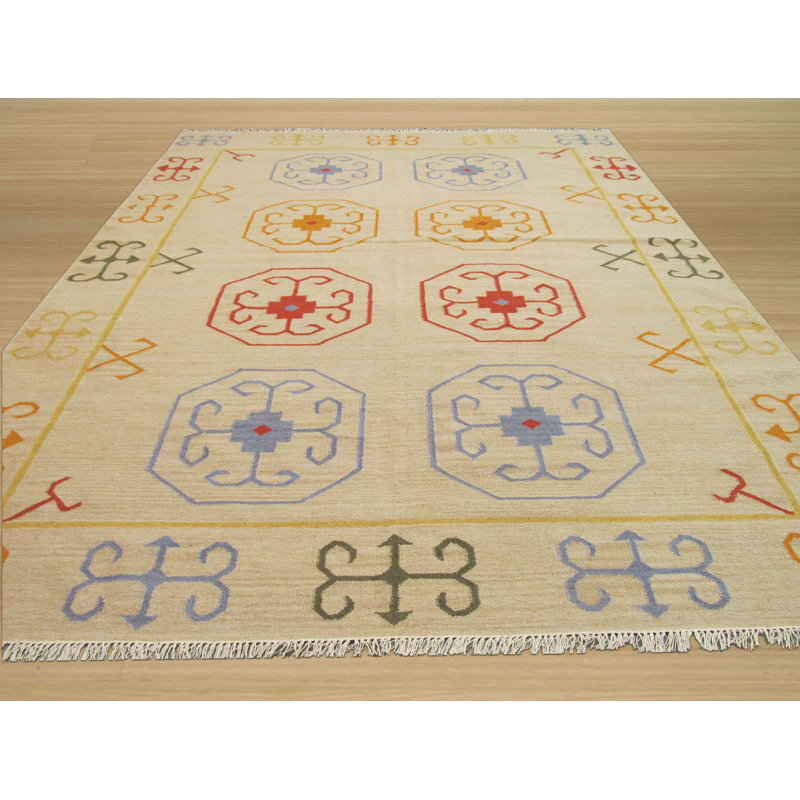 Bovey Oriental Handwoven Wool Beige Area Rug, Rectangle 5'6" x 8'