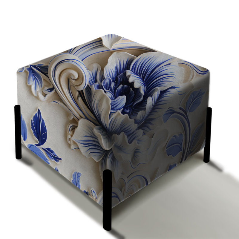 Motif victorien à volutes baroque bleu cobalt - repose-pieds carré floral