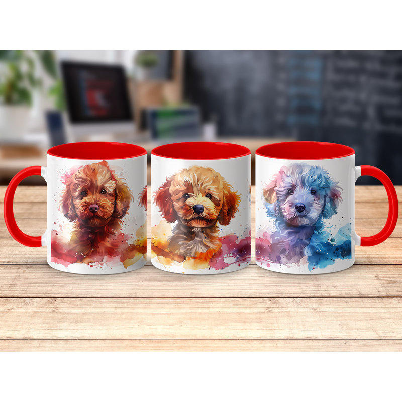 Colorful Watercolor Puppies Design 11oz Coffee Mug, Red, 1