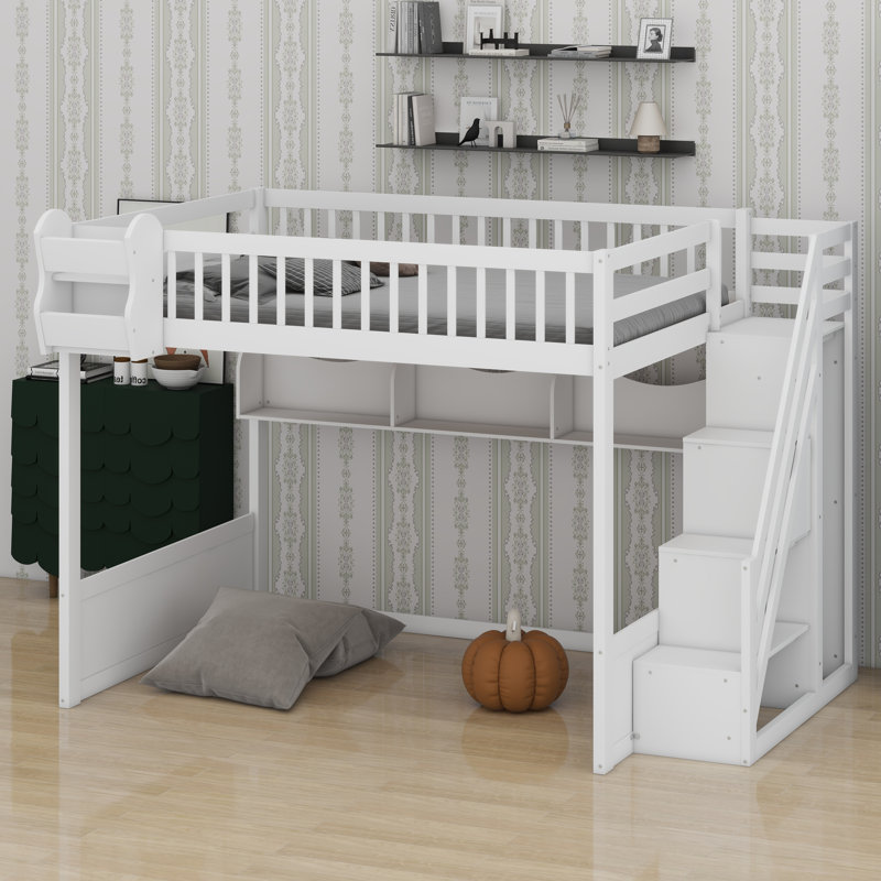 Wooden Loft Bed With Staircase And Wardrobe, White