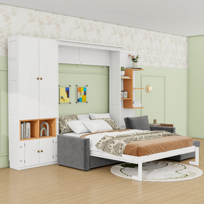 Grand lit escamotable avec canapé intégré et tablettes de rangement