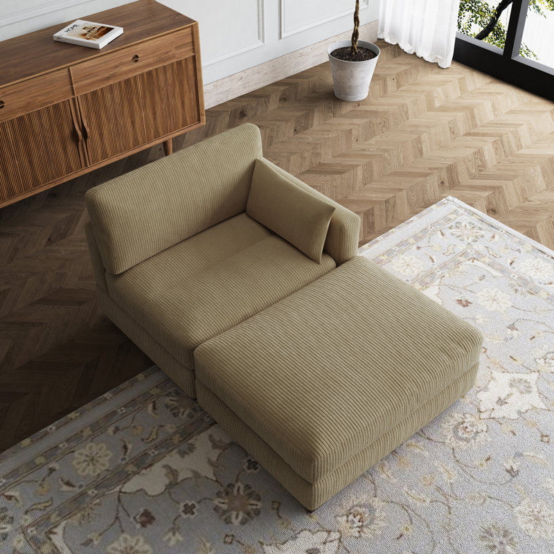 Chaise longue modulaire rembourrée en velours côtelé avec accoudoirs et coussins Bentura, Orienté à droite, Chameau