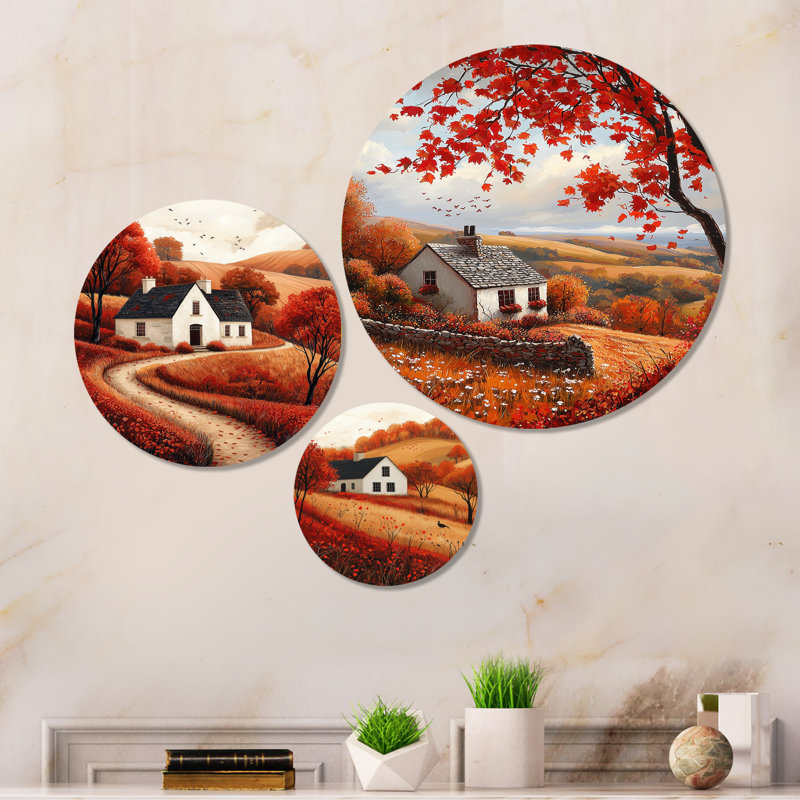 «Cottage in the Autumn Hills I», ensemble d'art mural imprimé campagne orange