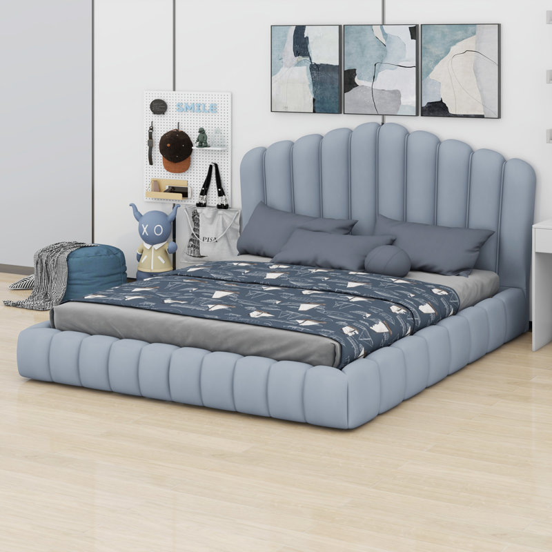 Tête de lit tapissier avec cadre de lit et tête de lit, Bleu clair