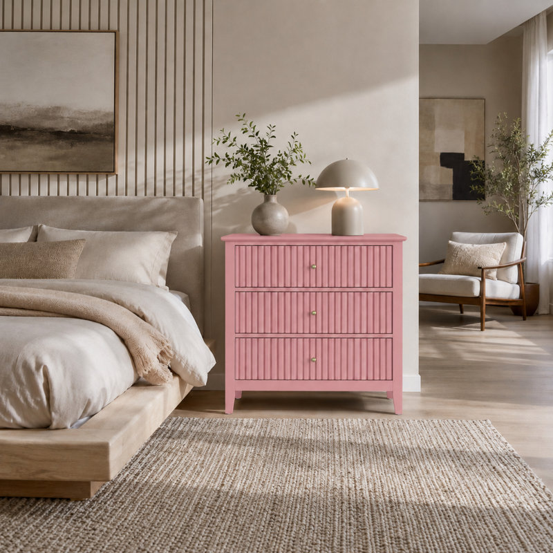 Commode 3 tiroirs 32 "avec façades cannelées, Pink