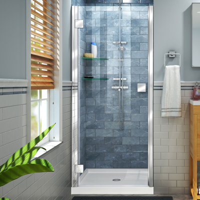 DreamLine Lumen 32 inch D x 42 inch W x 74 3/4 inch H Semi-Frameless Hinged Shower Door in Chrome with Center Drain White Shower Base Kit