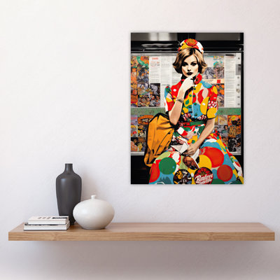 Wall Art Print Vintage Meets Pop Art Fashion Advert Collage Artwork Woman In Retro Pattern Dress Bus Stop Train Vibrant Bold Pop Art Modern Painting Poster