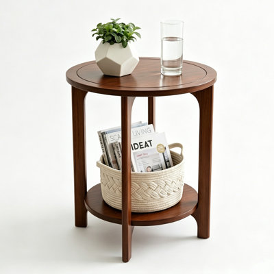 Table d'appoint ronde en bois massif pour salon, chambre à coucher, table de chevet circulaire à 2 niveaux en bois de noyer