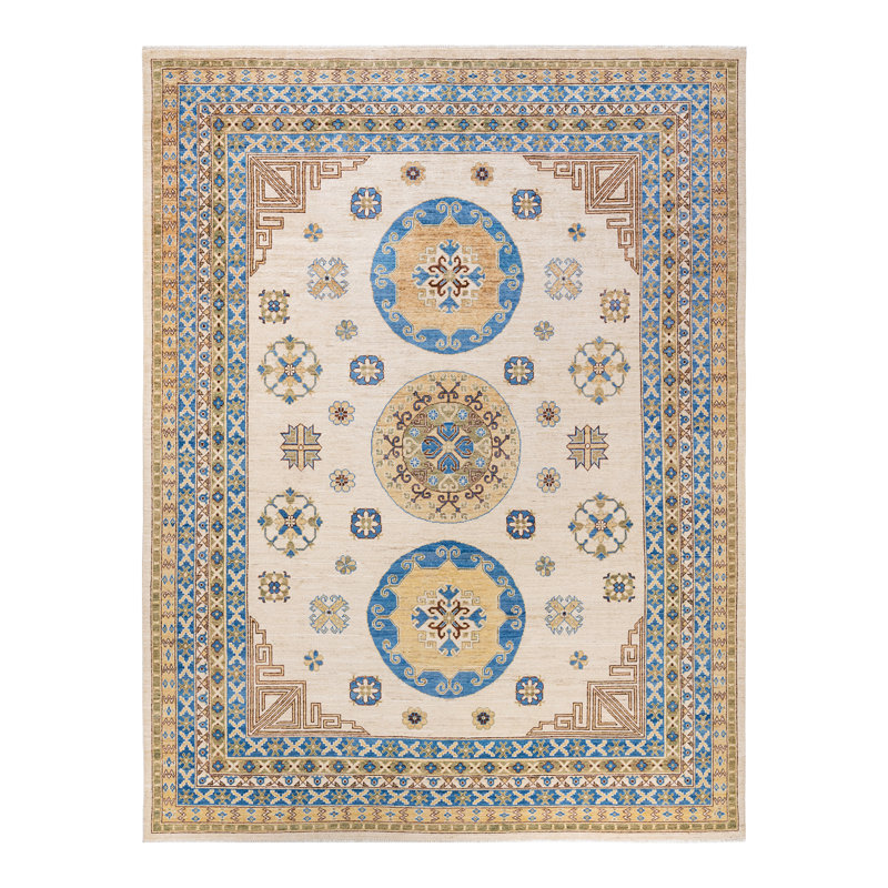 Ivory Floral Khotan Silk Road Tribute Hand-Knotted Wool Rug 9' x 12'
