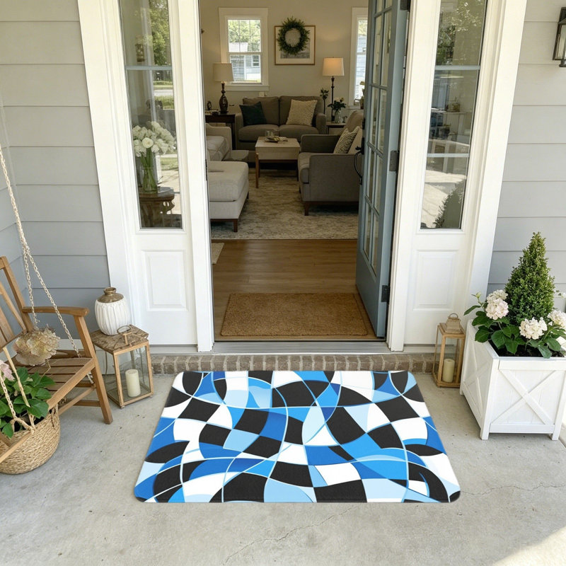 Tapis de bienvenue gaufré à motif damier bleu et blanc 20 po x 32 po