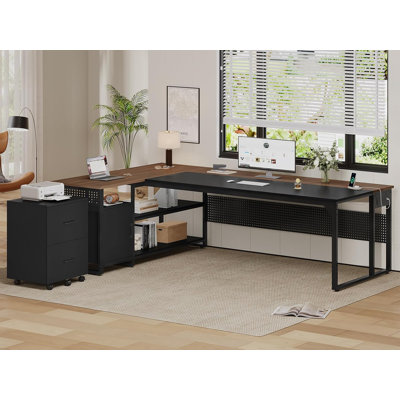 Bureau de direction en L 71 po avec classeur mobile et prises de courant