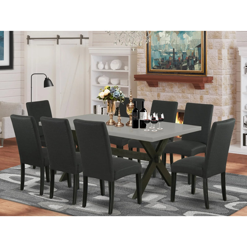 9 Piece Modern Dining Table Set Includes a Rectangle Wooden Table with X-Legs and 8 Black Color Linen Fabric Upholstered Chairs, Wire brushed Black