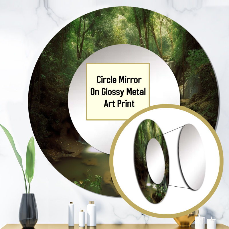 Poock Waterfall In Dense Forest II - Mountains Wall Mirror, Traditional Decorative Mirror, Printed Metal Art, 36" x 36"