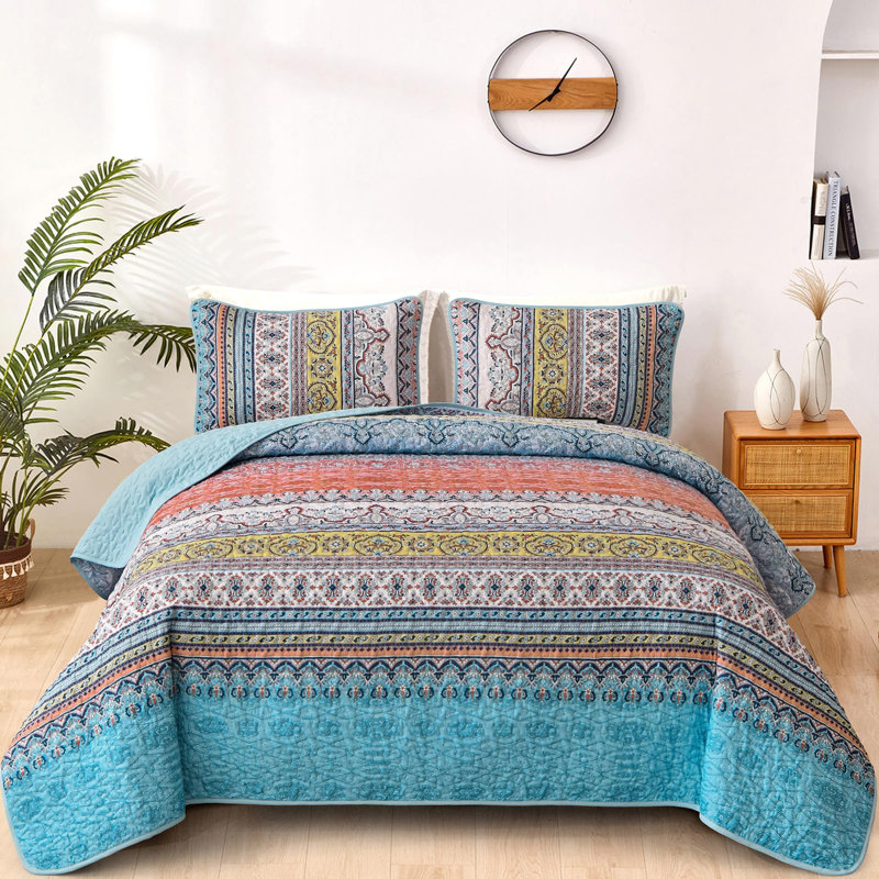Ensemble de 3 courtepointe Boho Bohemian, Courtepointe pour lit grand + deux taies décorati, Rose / bleu