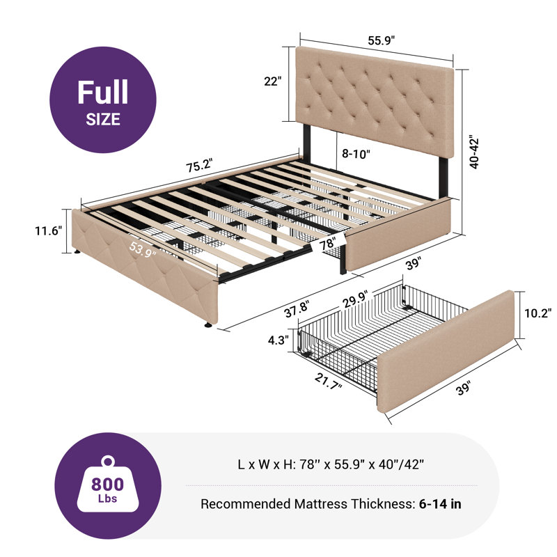 Lit plateforme tapissier avec 4 tiroirs et capitonnage élégant Zelna, Double, Beige