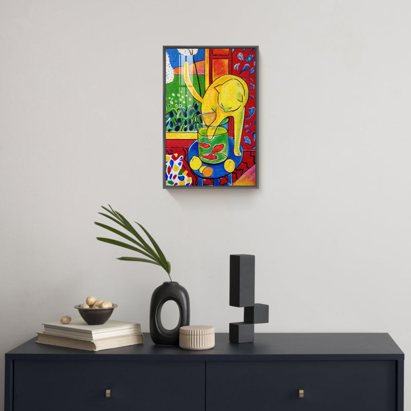 Reproduction d'art sur toile encadrée, "Le chat jaune et le poisson rouge", Noir, noir, noir, noir