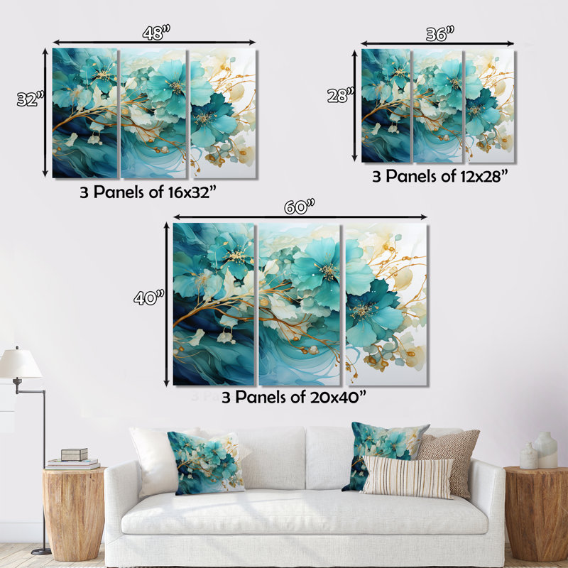«Teal Gold», fractale abstraite mystique, mirage I sur toile, 3 pièces, H 28 po x l 36 po x P 1 po