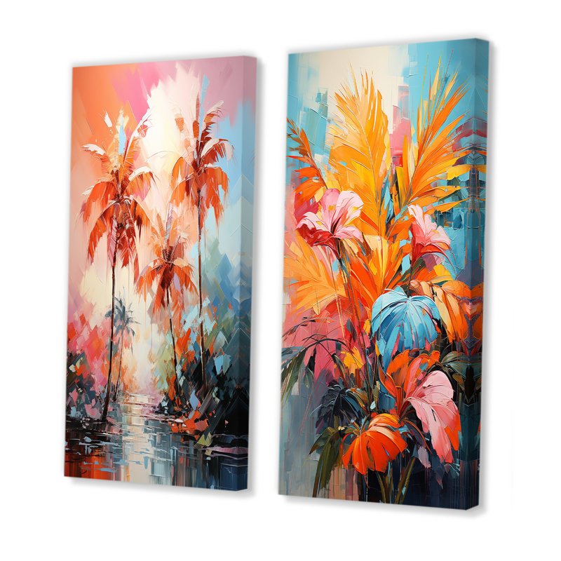 «Orange Pink Palm Trees Abstract», 2 pièces, Toile tendue, H 32 po x l 32 po