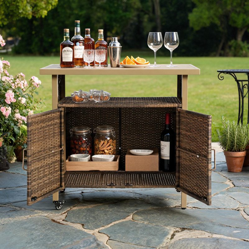 Chariot-bar extérieur en osier avec roulettes, armoire de rangement à boissons pour terrasse pour piscine