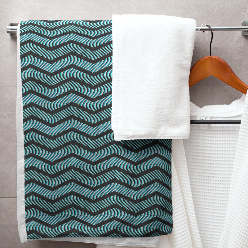 Serviette de bain à chevrons ondulés Stephenie, Noir / bleu sarcelle