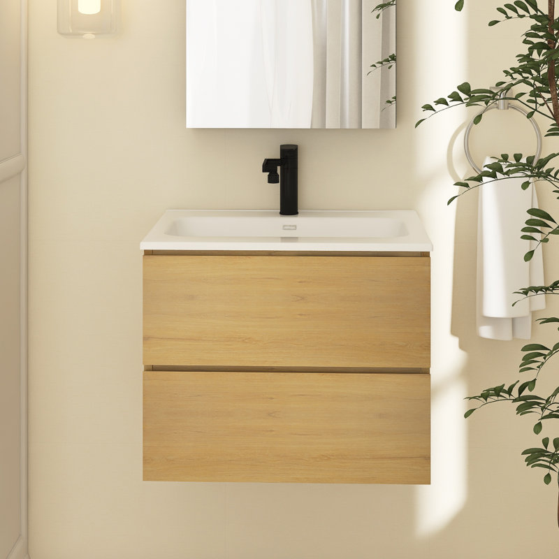 Zykaria 24'' Single Bathroom Vanity with Ceramic Top, Natural Oak, Single