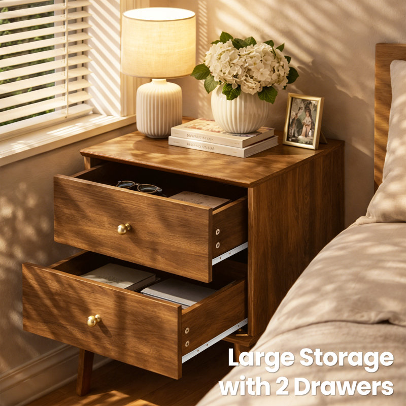 Mid-Century Modern 2-Drawer Nightstand With Tapered Legs, Walnut