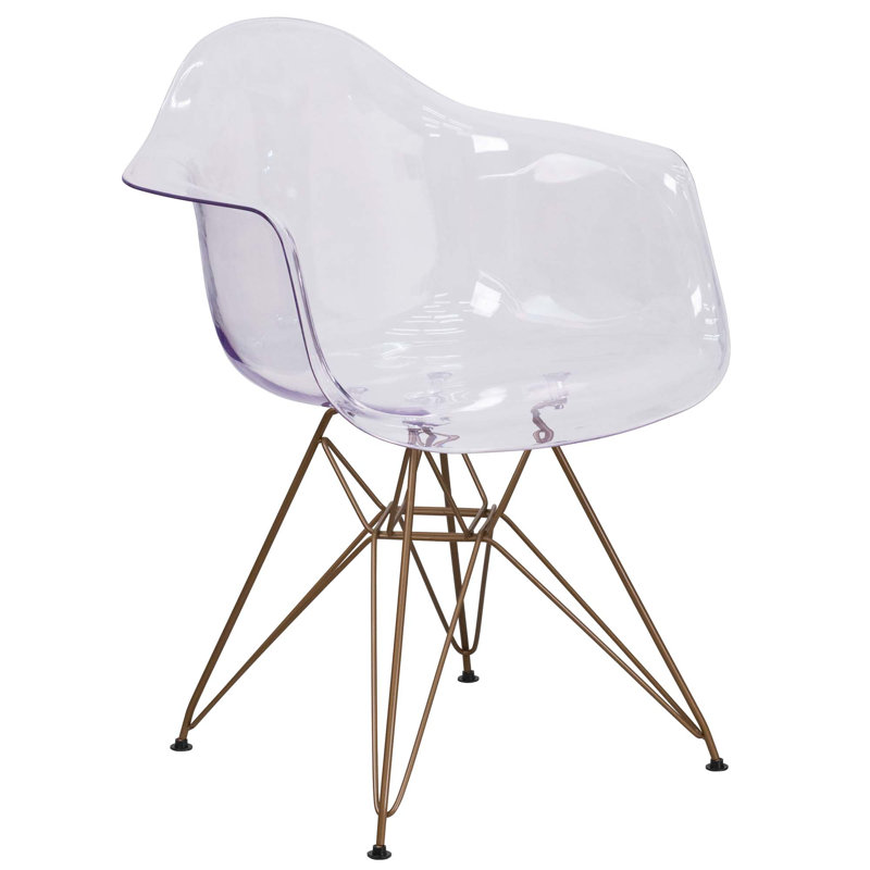 Transparent Side Chair with Curved Arms and Gold Metal Base
