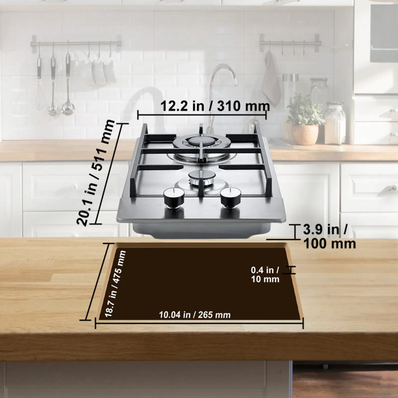 Plaque de cuisson au gaz, 12 pouces, 2 brûleurs, 12250 BTU maximum, surface de cuisson encastrée en acier inoxydable, convertible GPL / gaz naturel, protection par thermocouple