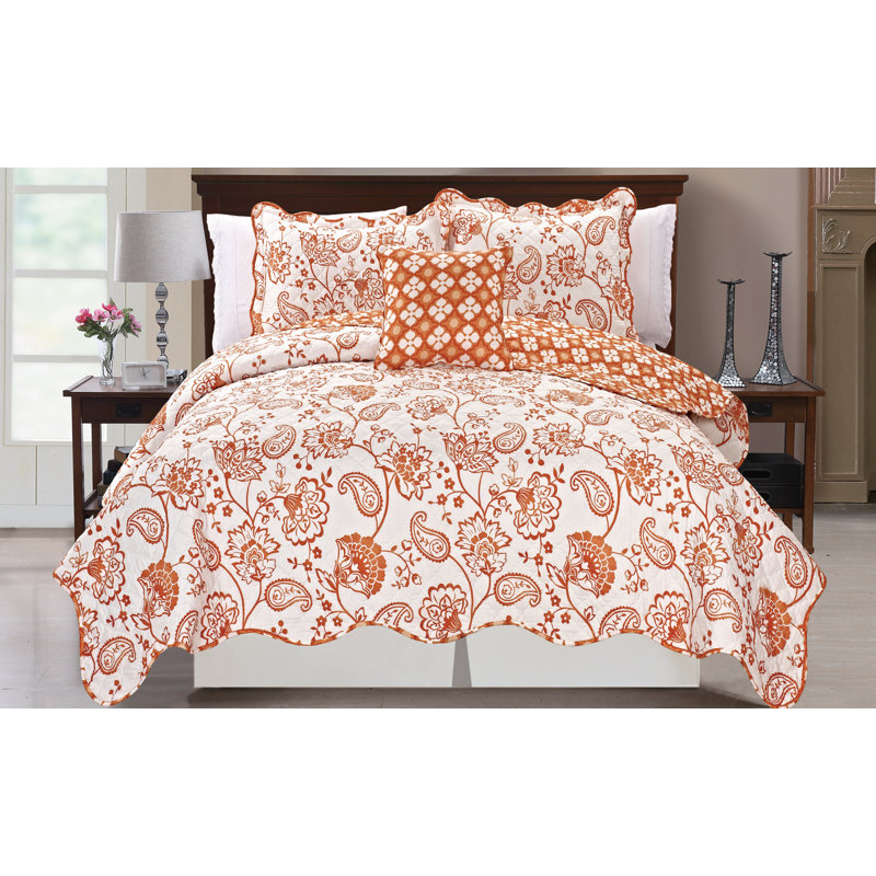 Polyester Floral Coverlet with Pillow Shams, Queen, Orange