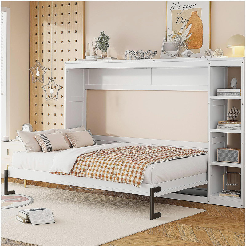 Lit escamotable avec bibliothèque, Blanc, Lit double