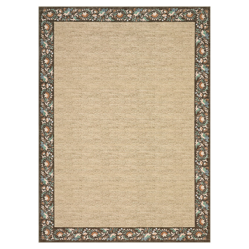 Floral Bordered Machine Washable Rug with Non-Slip Backing Non-Shedding Foldable Soft Low Pile Indoor Carpet