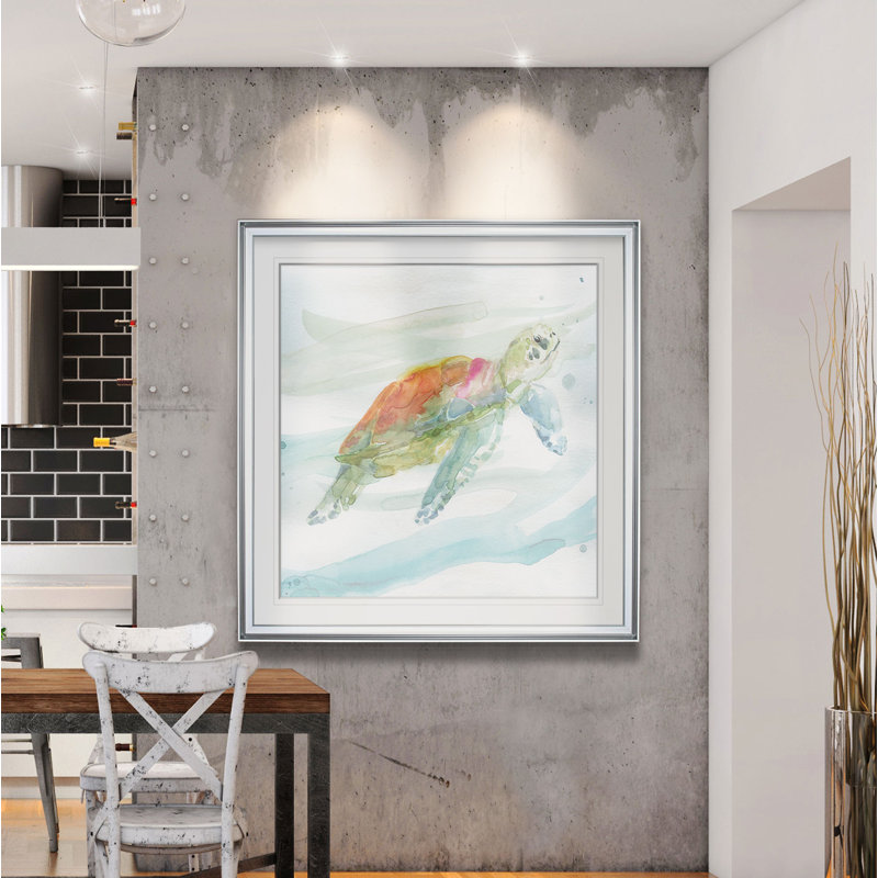 « turtle tropiques i », peinture, H 28 po x l 28 po x p 2 po, Cadre argenté