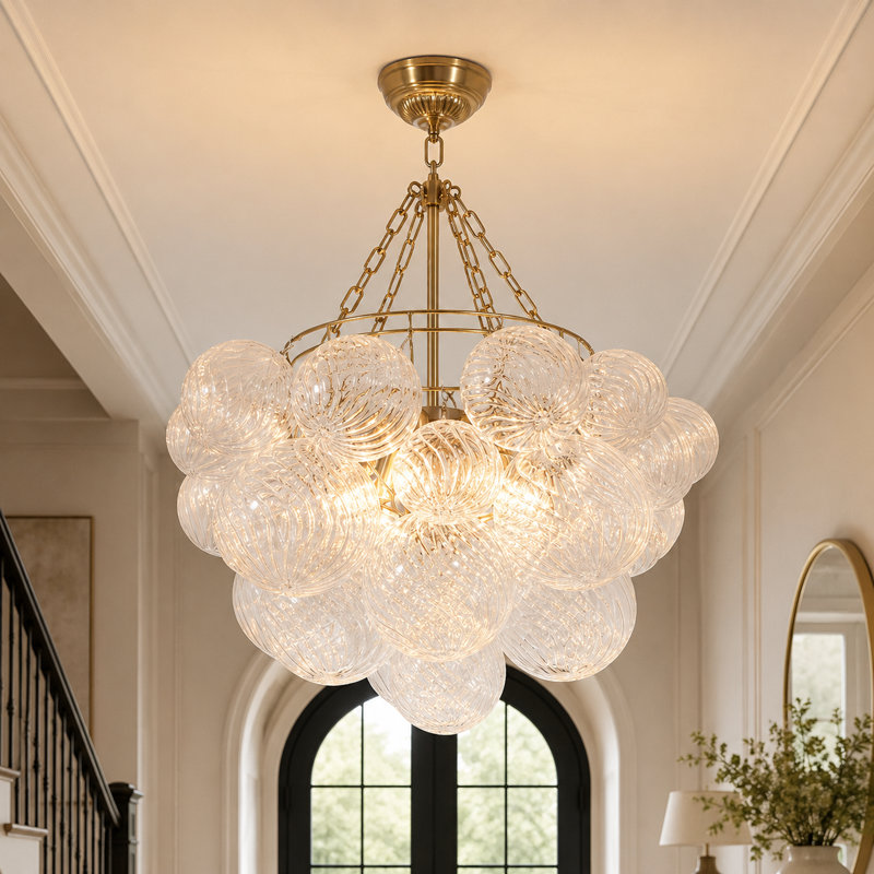 Lustre à bulles à intensité variable 6 lumières Modern, lumière sphérique en verre transparent nervuré pour salle à manger, vestibule et salon