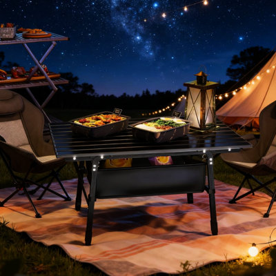 Table pliante portative en aluminium pour pique-nique et barbecue, livrée avec un sac de rangement, hauteur réglable, rangement en tissu, capacité de camping de 66 lb, hauteur de 17,7 po à 26 po, noir, panier en tissu
