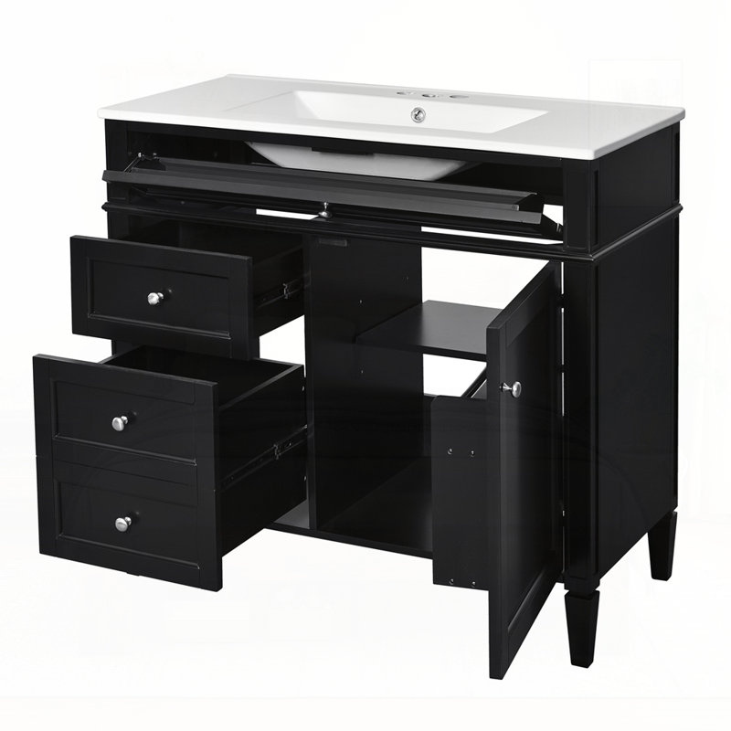 Meuble-lavabo 36 po avec lavabo supérieur, Noir, Argent argent