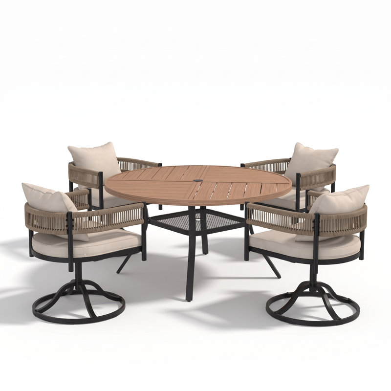 Ensemble repas extérieur pour 4 personnes avec chaises pivotantes en osier, Noyer / beige