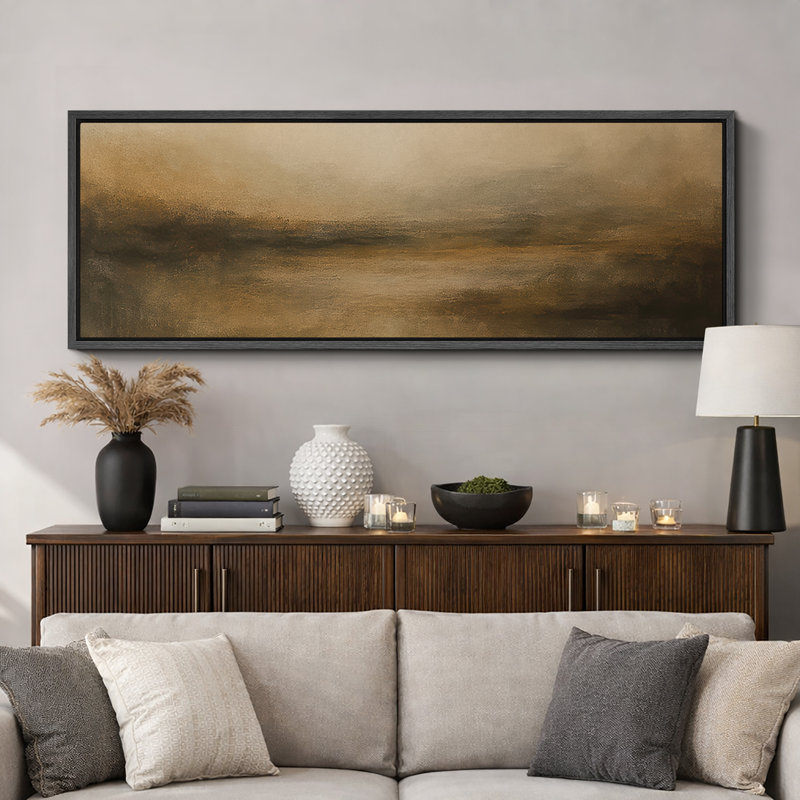 Large Framed Canvas Print Wall Art - Neutral Abstract Landscape Print for Minimalist Modern Wall Decor, 20" H x 60" W, Black