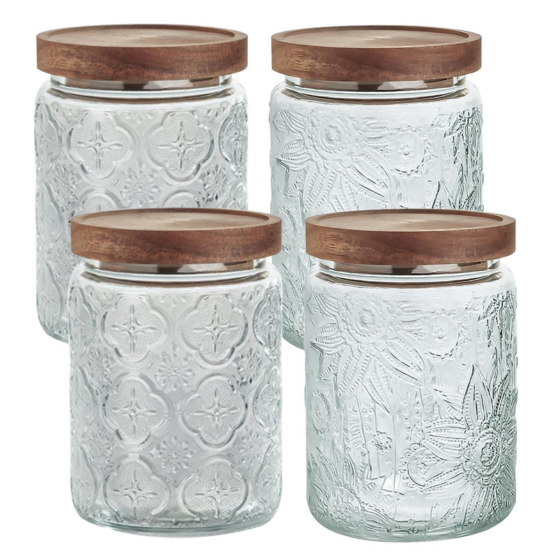 Pot de rangement en verre 24 oz / 4 PCS avec couvercles en bois de bambou hermétiques, ensembles de contenants de nourriture rétro