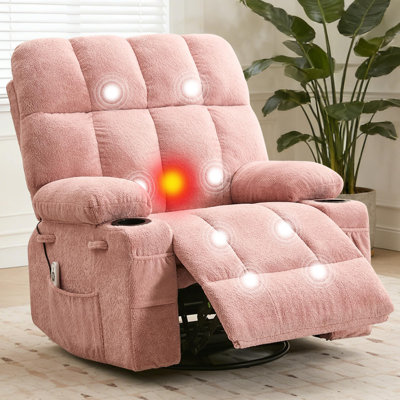 Oversized Massage Recliner Lumbar Heat, 350 Lbs Swivel Rocker Sofa for Big & Tall, Cup Holders & Pockets, Pink