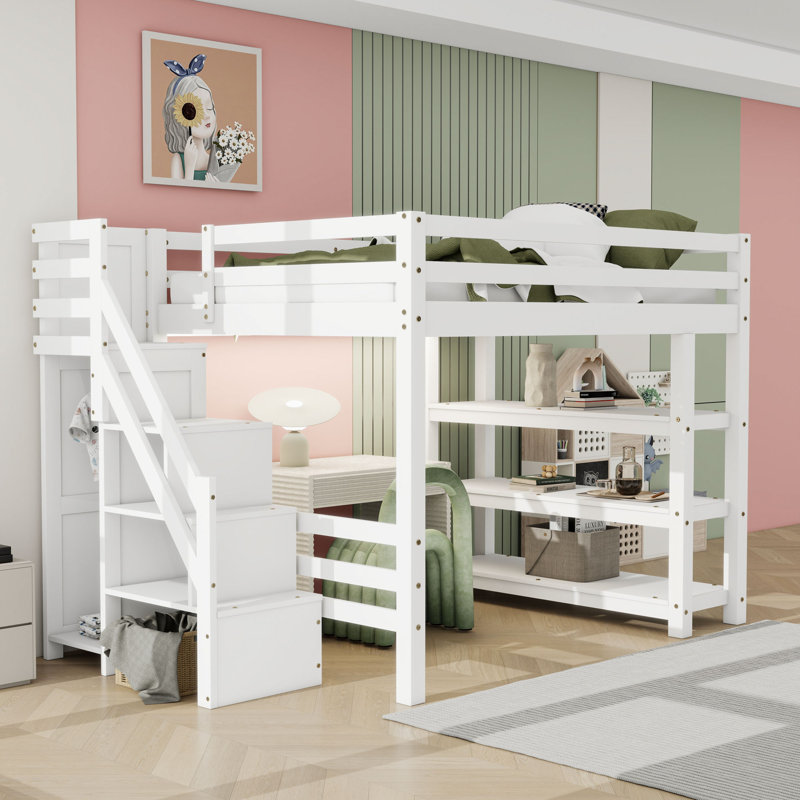 Lit mezzanine en bois avec tablettes, garde-robe et lumière DEL, Double