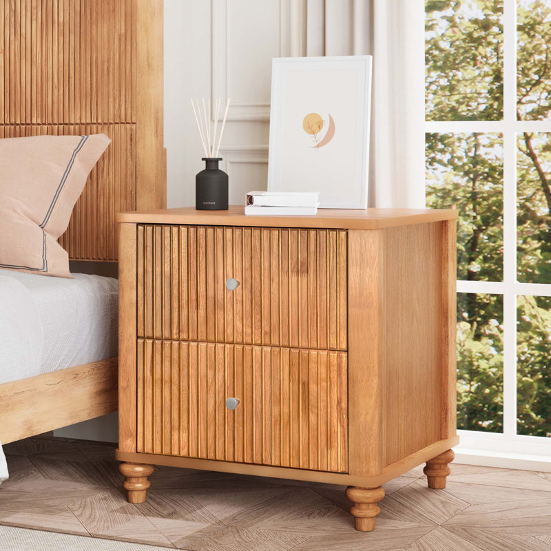 Mid-Century Modern Fluted Nightstand With 2 Drawers & Metal Handle, Set of 2, Beige