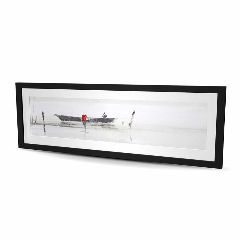 «Minimalist Boat on the Lake - Coastal», reproduction encadrée, H 16 po x l 48 po, Noir