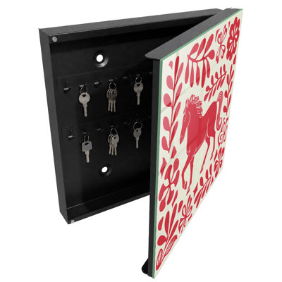 Key cabinet for wall, Opens to the right, 30x30x5, Black, Red horse with plant motifs, 