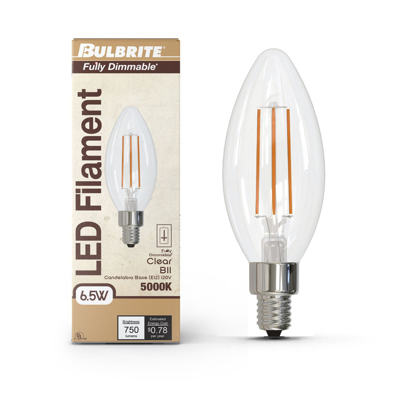 Ampoule à intensité variable B11 avec finition en verre transparent et base candélabre (E12), 6,5 W, 750 lumens